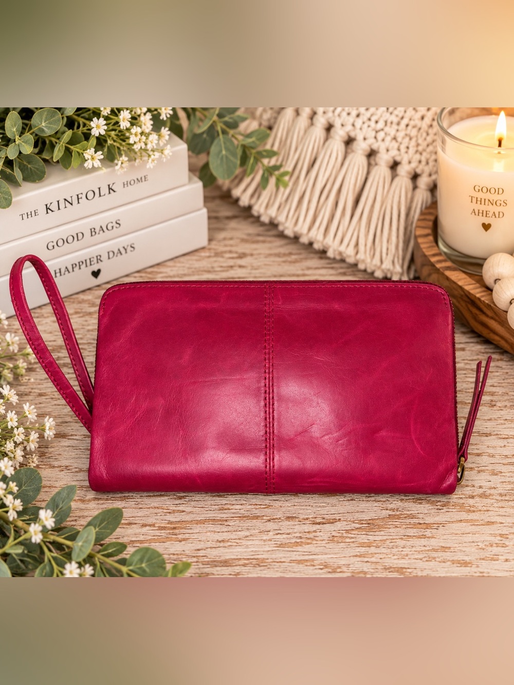 HOBO International Hot Pink Leather Zip-Around Organizer Wristlet Wallet